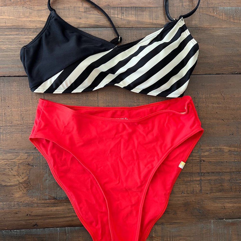 SummerSalt The Marina Bikini Swimsuit with High Leg Red Bottoms - Size 2